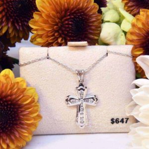 White Gold Diamond Budded Cross Necklace