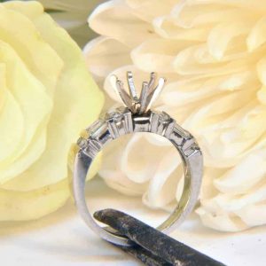 Platinum Diamond Engagement Ring Semi-Mount with Diamond Baguettes and Diamond Melee