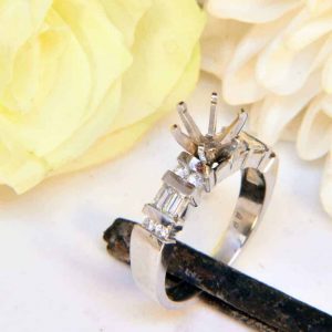 Platinum Diamond Engagement Ring Semi-Mount with Diamond Baguettes and Diamond Melee