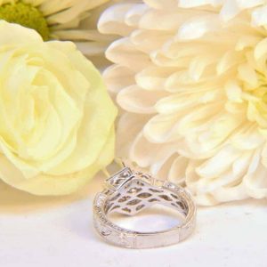 White Gold Diamond Engagement Ring Semi-Mount with Diamond Baguettes, Diamond melee, Hand Engraving, and Filigree