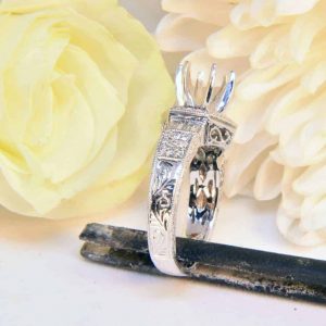 White Gold Diamond Engagement Ring Semi-Mount with Diamond Baguettes, Diamond melee, Hand Engraving, and Filigree