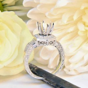 White Gold Diamond Engagement Ring Semi-Mount with Diamond Baguettes, Diamond melee, Hand Engraving, and Filigree