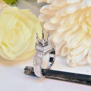 White Gold Diamond Engagement Ring Semi-Mount with Diamond Baguettes, Diamond melee, Hand Engraving, and Filigree