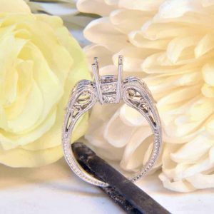 White Gold Diamond Engagement Ring Semi-Mount with Baguette Diamonds, Melee diamonds, and Filigree