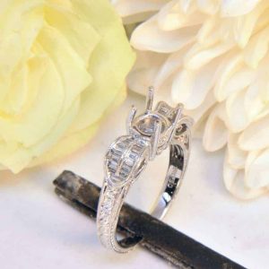 White Gold Diamond Engagement Ring Semi-Mount with Baguette Diamonds, Melee diamonds, and Filigree