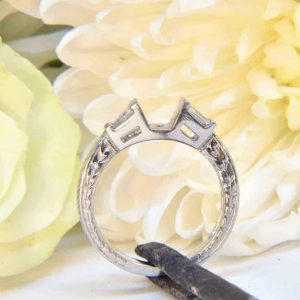 Platinum Engraved Diamond Engagement Ring Semi-Mount with Baguette Diamonds