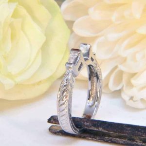 Platinum Hand-Engraved Diamond Engagement Ring Semi-Mount with Baguette Diamonds
