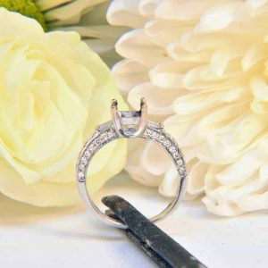 White Gold Diamond Engagement Ring Semi Mount with Baguette and Melee Diamonds