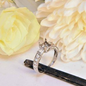 White Gold Diamond Engagement Ring Semi Mount with Baguette and Melee Diamonds