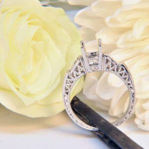 White Gold Diamond Engagement Ring Semi-Mount with Baguettes, Melee, and Filigree