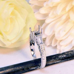 White Gold Diamond Engagement Ring Semi-Mount with Baguettes, Melee, and Filigree