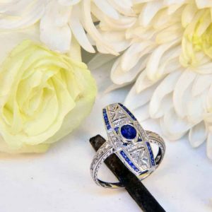 White Gold Vintage Style Sapphire and Diamond Engraved Ring