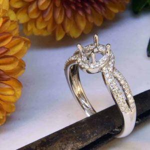 White Gold Diamond Engagement Ring Semi-Mount with Diamond Swirl Halo
