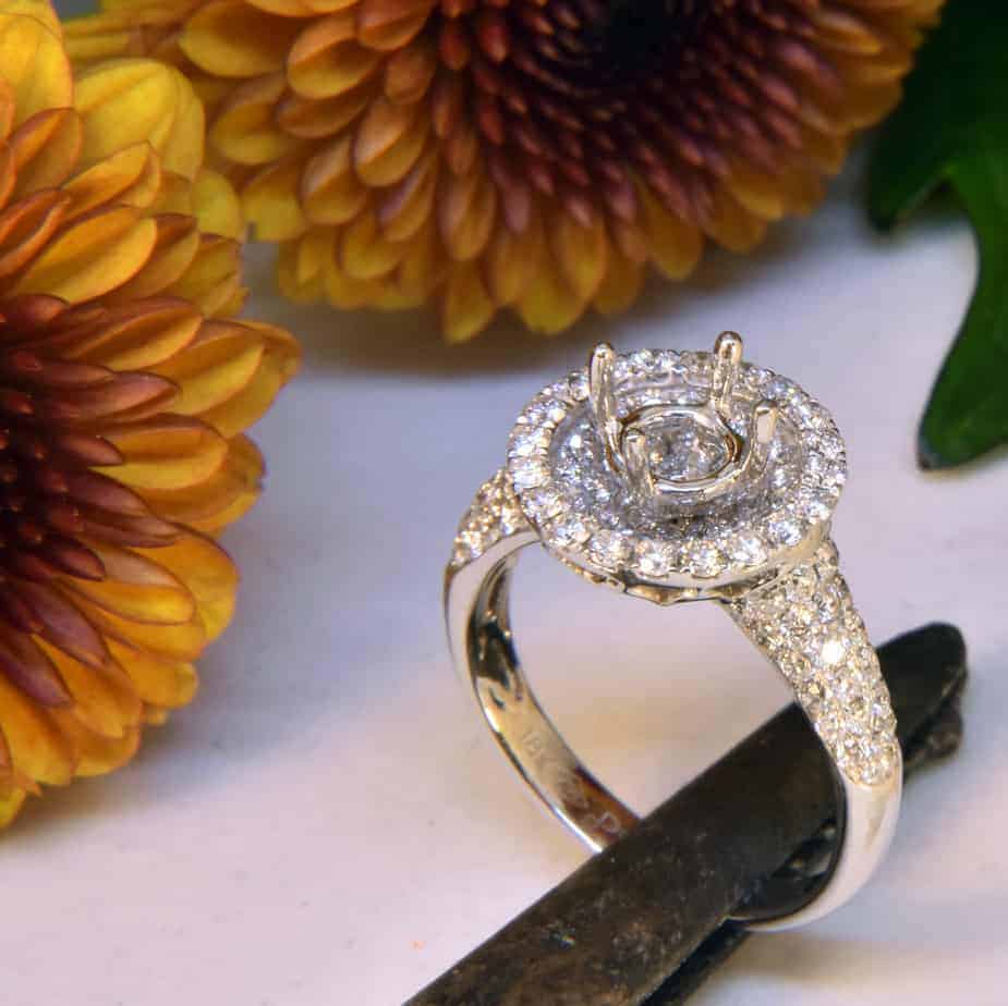 White Gold Diamond Engagement Ring Semi-Mount with Diamond Halo and Diamond Melee