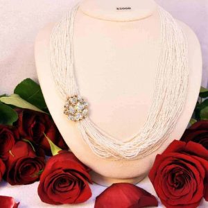 Yellow Gold Diamond Multi-Strand White Seed Pearl Necklace