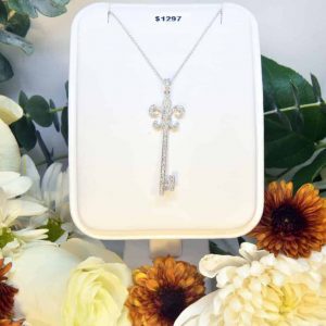 White Gold Fleur De Lis Key Diamond Necklace