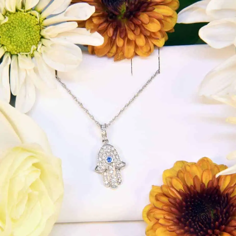 White Gold Hamsa Diamond Sapphire Necklace