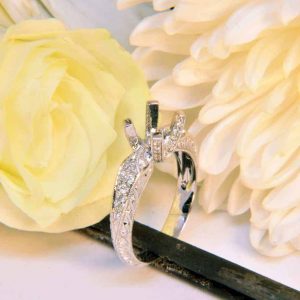 White Gold Diamond Engagement Ring Semi-Mount with Diamond Melee, Hand Engraving, and Milgrain