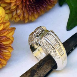 White Gold Diamond Engagement Ring Semi-Mount with Diamond Baguettes and Diamond Melee