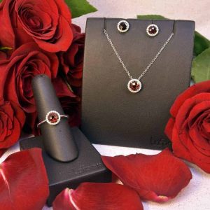 Silver Lafonn Simulated Diamond and Genuine Garnet Ring, Stud Earrings, and Necklace
