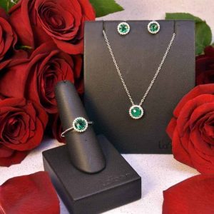 Silver Lafonn Simulated Diamond and Emerald Ring, Stud Earrings, and Necklace