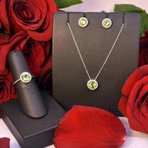Silver Lafonn Simulated Diamond and Genuine Peridot Ring, Stud Earrings, and Necklace