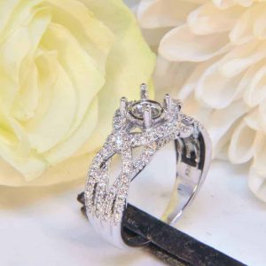 White Gold Diamond Egngagement Ring Semi-Mount with Woven Diamond Halo