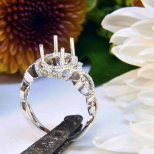 White Gold Diamond Engagement Ring Semi-Mount with Oval Diamond Halo and Infinity Helix