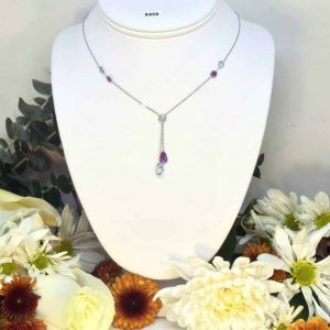 White Gold Blue Topaz and Amethyst Necklace