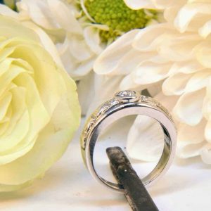 White Gold Estate Antique Engraved Diamond Engagement Ring