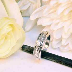 White Gold Estate Antique Engraved Diamond Engagement Ring
