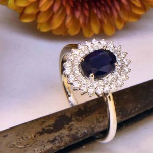 White Gold Princess Diana Sapphire Diamond Ring