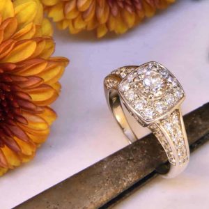 White Gold Diamond Engagement Ring with Cushion-Shaped Diamond Halo