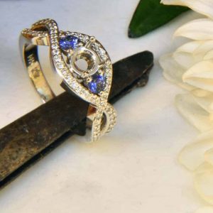White Gold Diamond Engagement Ring Semi-Mount with Sapphire Side Stones and Infinity Helix Diamond Melee