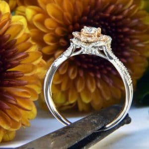 White and Rose Gold Diamond Engagement Ring with Flower Halo