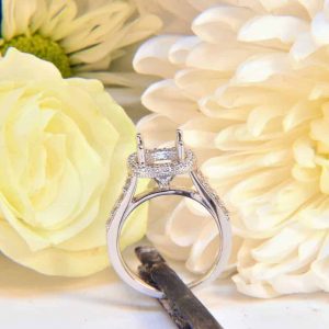 White Gold Diamond Engagement Ring Semi-Mount with Cushion-Shaped Diamond Halo