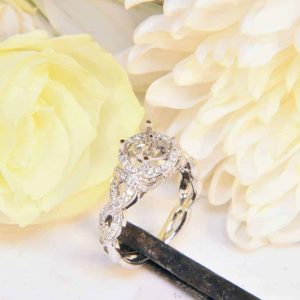 White Gold Diamond Engagement Ring Semi-Mount with Diamond Inifnity Helix and Diamond Halo