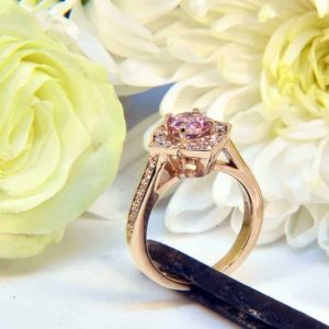 Rose Gold Pink Tourmaline Antique Style Engagement Ring with Floral Halo