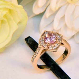 Rose Gold Pink Tourmaline Antique Style Engagement Ring with Floral Halo