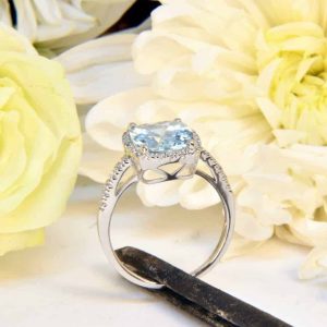 White Gold Aquamarine Engagement Ring with Diamond Halo