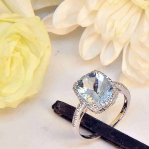 White Gold Aquamarine Engagement Ring with Diamond Halo