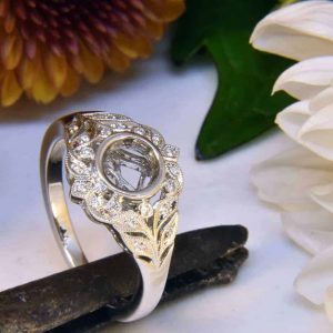 White Gold Antique-Style Leaf-Inspired Diamond Engagement Ring Semi-Mount