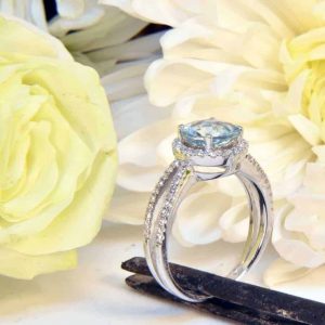 White Gold Aquamarine and Diamond Engagement Ring