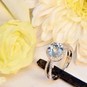 White Gold Aquamarine and Diamond Engagement Ring