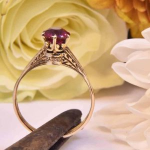 Yellow Gold Antique Estate Engraved Pink Sapphire Promise Ring