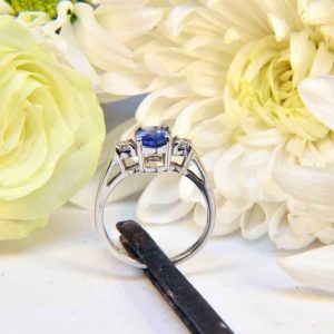 White Gold Ceylon Sapphire and Diamond 3 Stone Engagement Ring