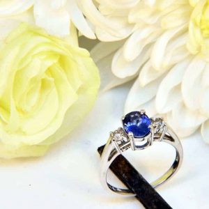 White Gold Ceylon Sapphire and Diamond 3 Stone Engagement Ring