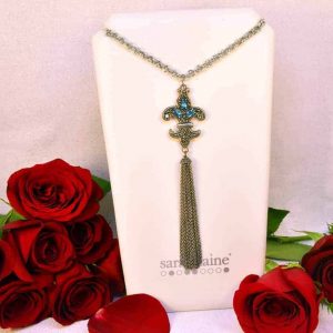 Silver Blue Topaz Fleur De Lis Tassel Necklace