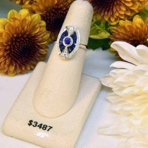 Vintage Style Sapphire and Diamond White Gold Ring $3487