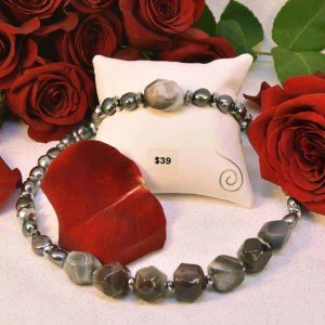 Silver, Hematite, Agate, and Pearl Bracelet and Necklace